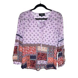 Feathers By Tolani Blouse Size S Women's Boho Patchwork Tie Front Long Sleeve